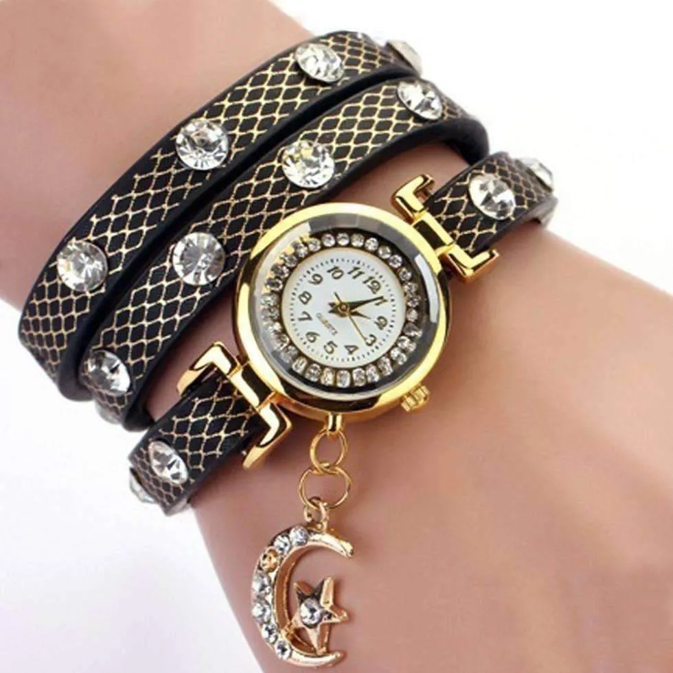 Look To The Moon And Stars Sparkly Wrap Bracelet Watch in Black