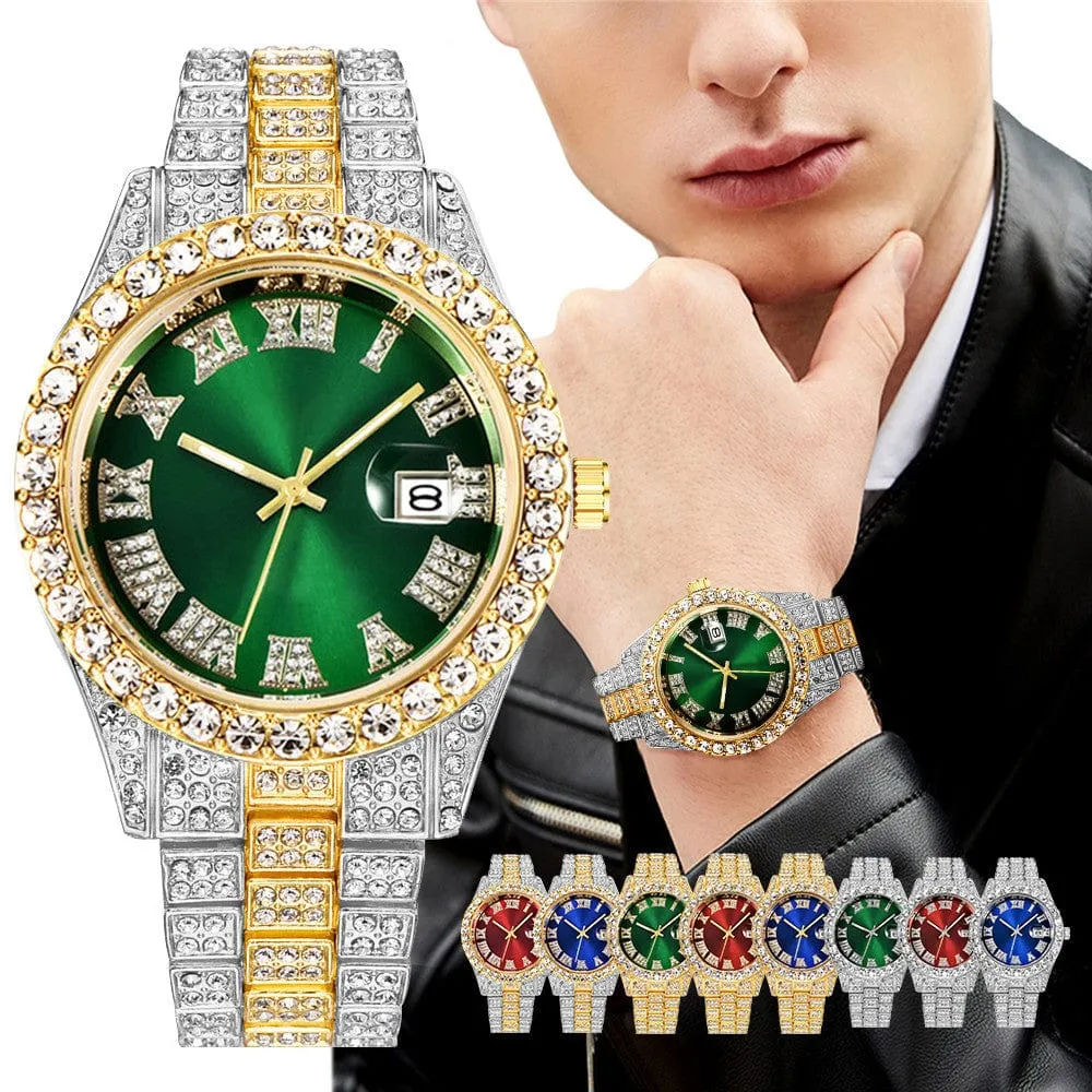 Men's Luxury Diamond Bezel Roman Numeral Wrist Watch