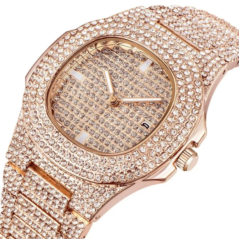 Mens Luxury Diamond Quartz Watch with Gold Steel Design