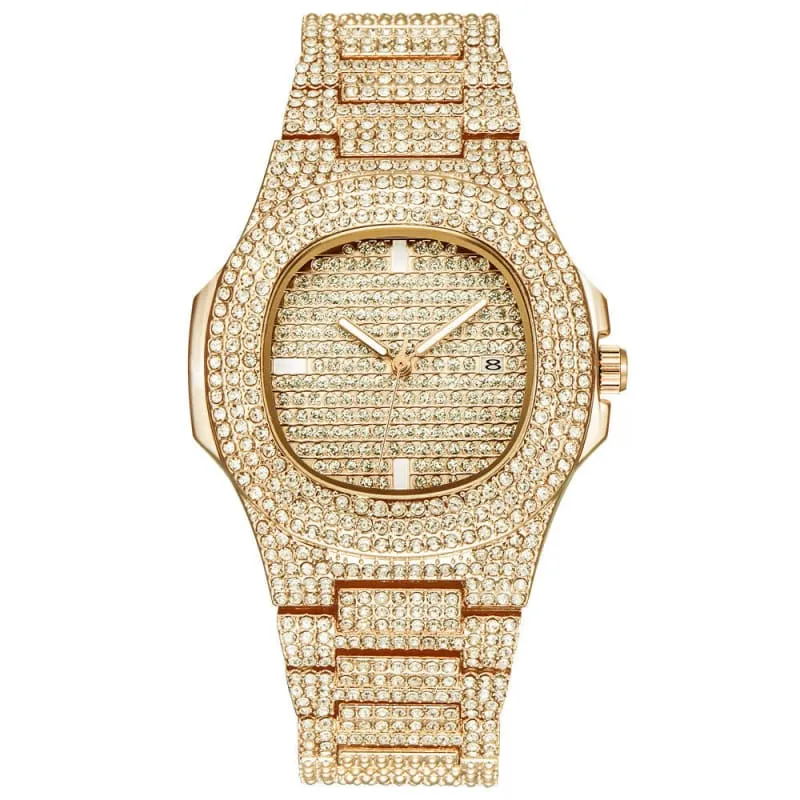 Mens Luxury Diamond Quartz Watch with Gold Steel Design