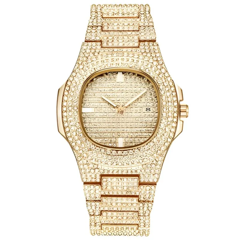 Mens Luxury Diamond Quartz Watch with Gold Steel Design