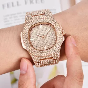 Mens Luxury Diamond Quartz Watch with Gold Steel Design