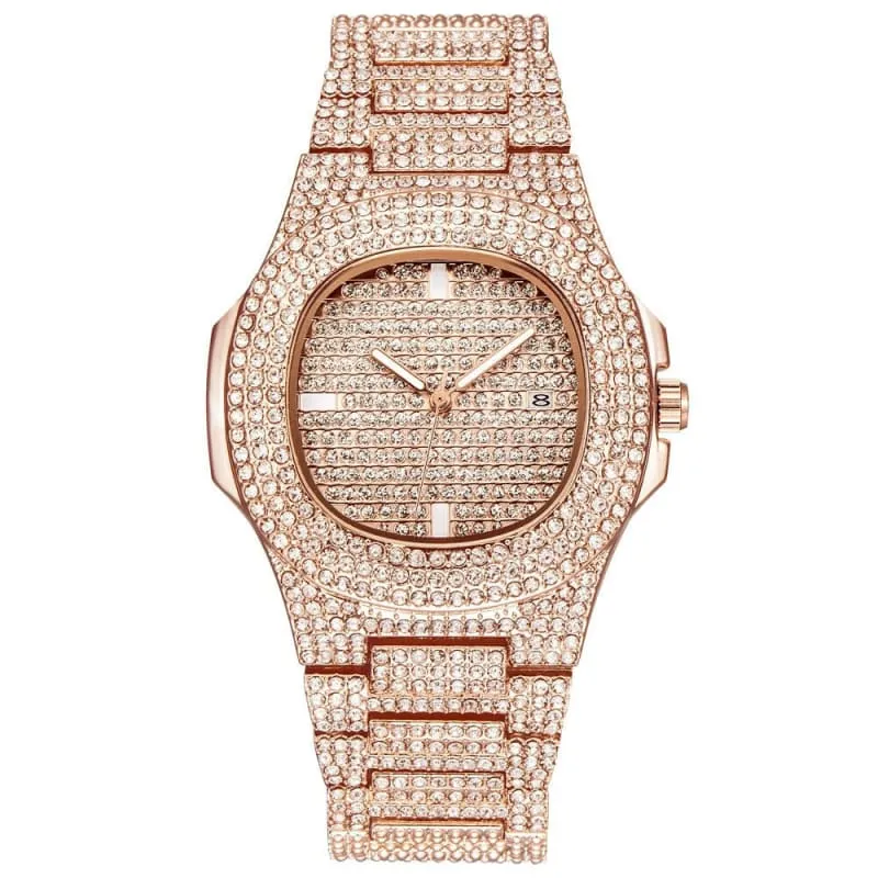 Mens Luxury Diamond Quartz Watch with Gold Steel Design