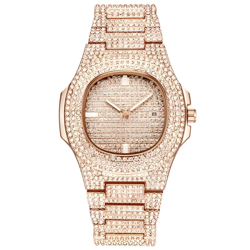 Mens Luxury Diamond Quartz Watch with Gold Steel Design