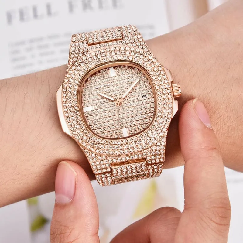 Mens Luxury Diamond Quartz Watch with Gold Steel Design