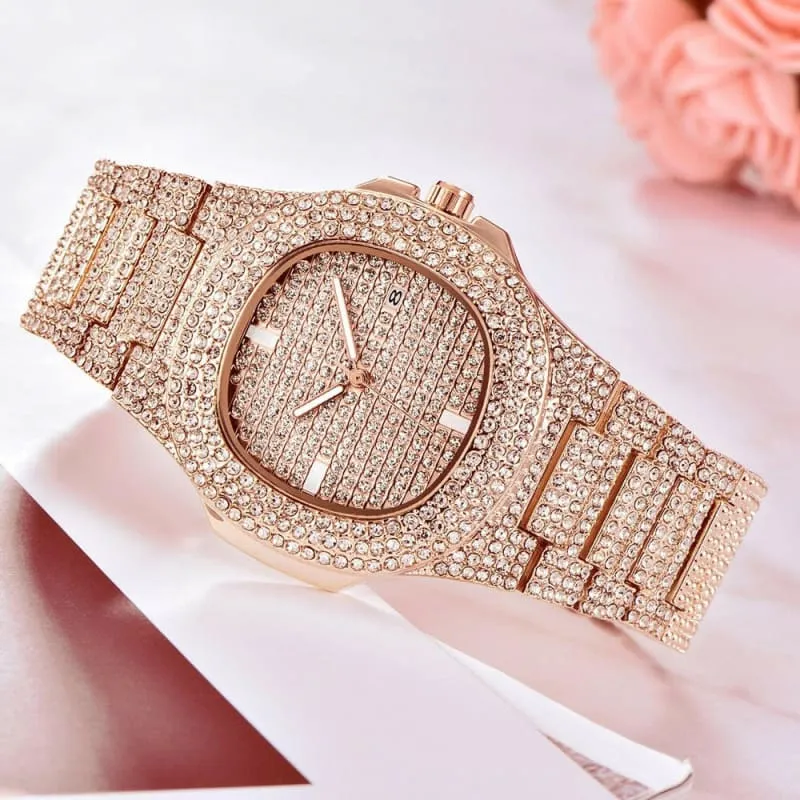 Mens Luxury Diamond Quartz Watch with Gold Steel Design