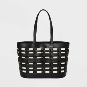 New - Basket Weave Woven Tote Handbag - A New Day Black