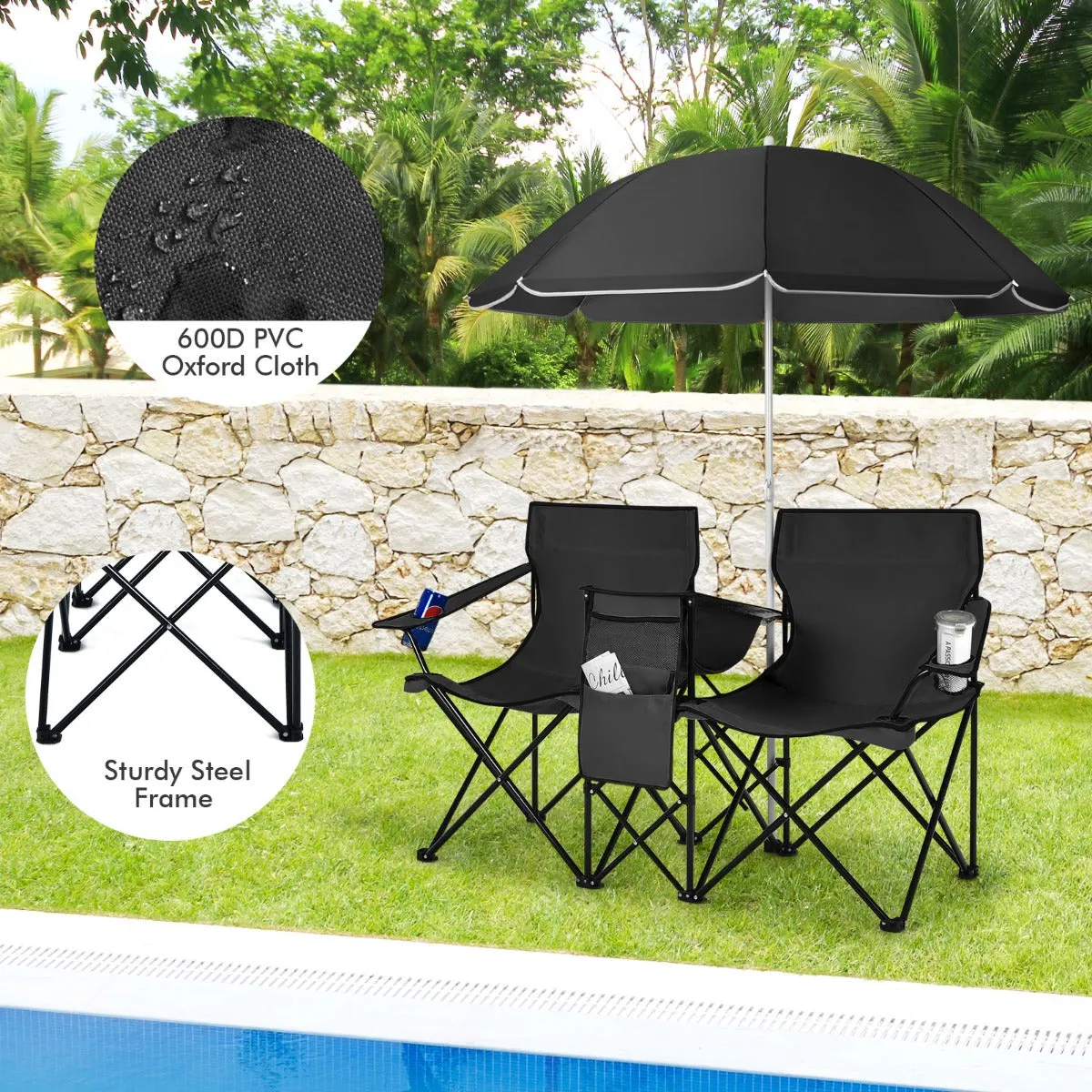 NNECW Folding Camping Loveseat  with Removable Umbrella & Cupholder for Picnic