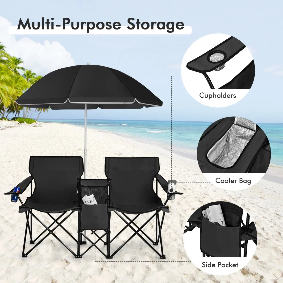 NNECW Folding Camping Loveseat  with Removable Umbrella & Cupholder for Picnic