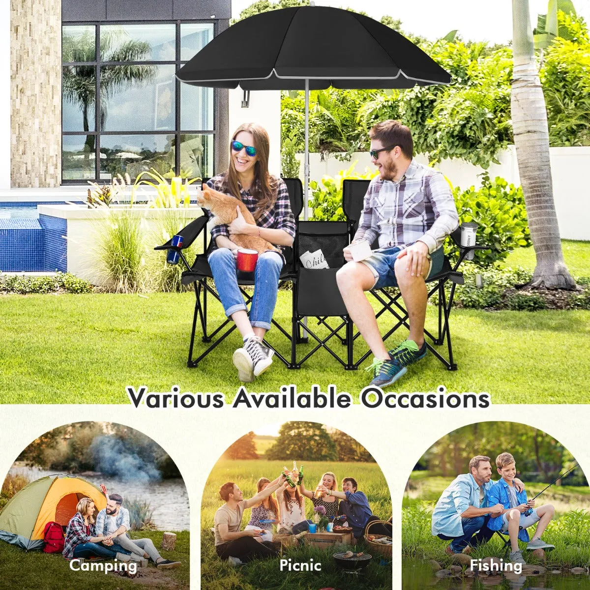 NNECW Folding Camping Loveseat  with Removable Umbrella & Cupholder for Picnic