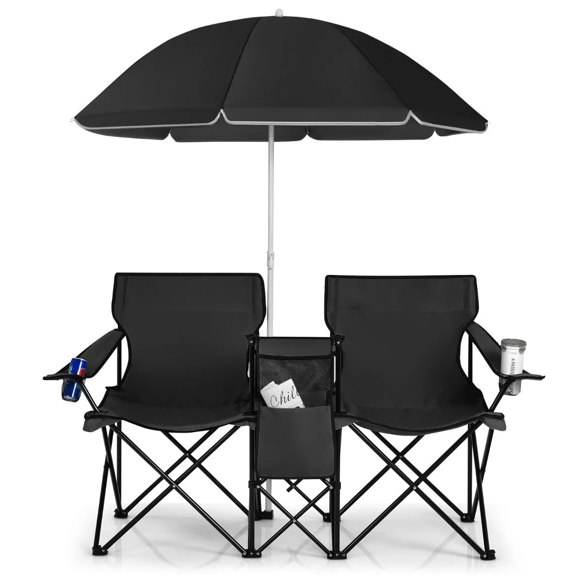 NNECW Folding Camping Loveseat  with Removable Umbrella & Cupholder for Picnic