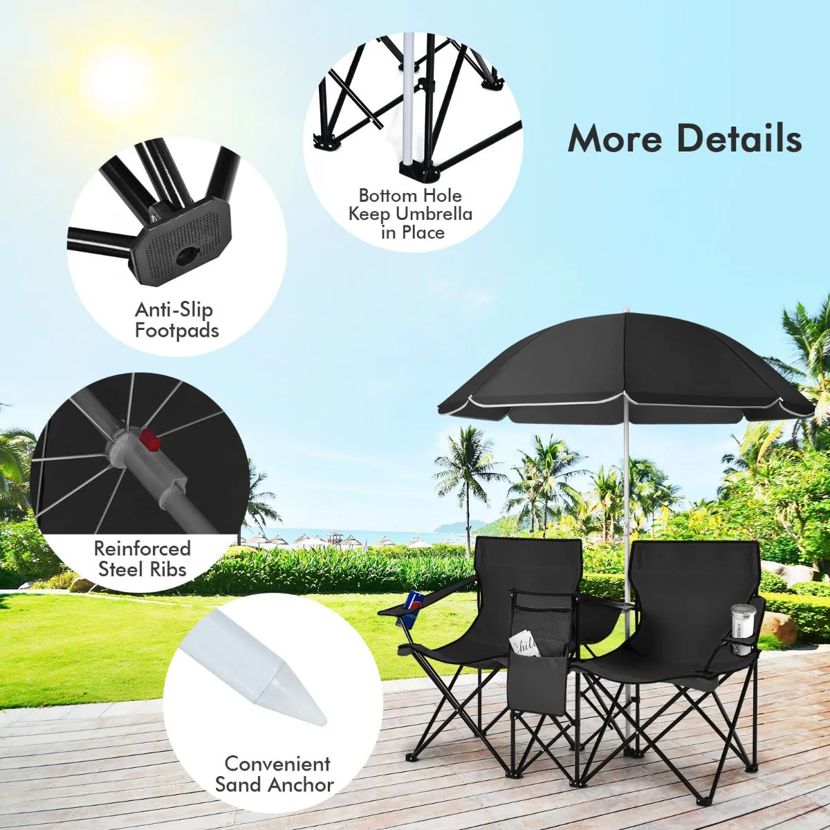 NNECW Folding Camping Loveseat  with Removable Umbrella & Cupholder for Picnic