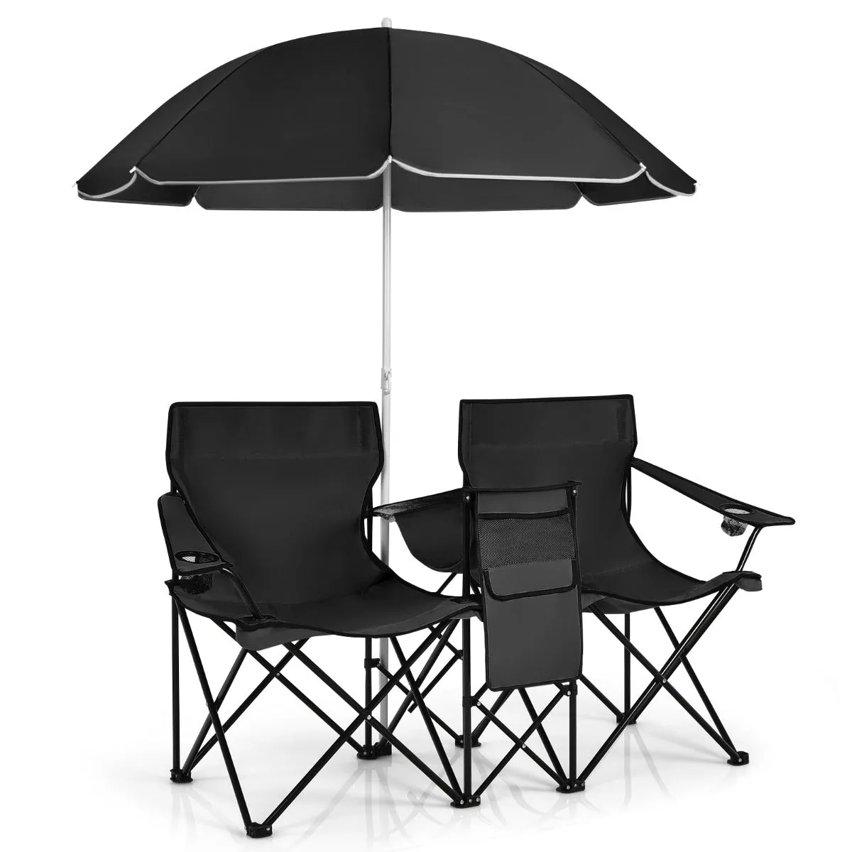 NNECW Folding Camping Loveseat  with Removable Umbrella & Cupholder for Picnic