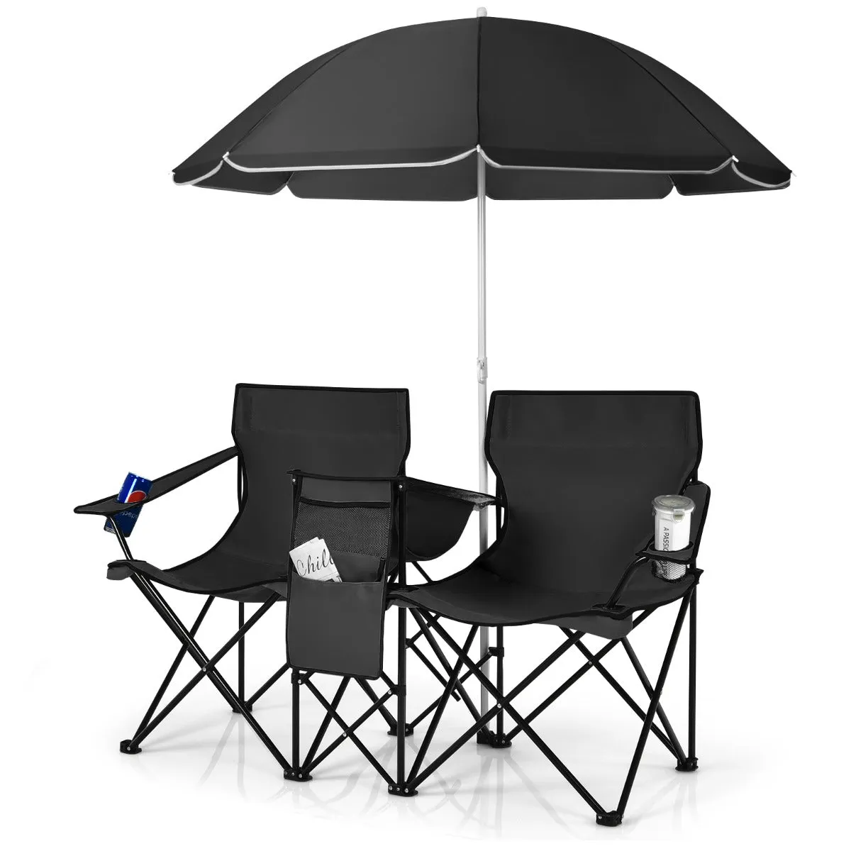 NNECW Folding Camping Loveseat  with Removable Umbrella & Cupholder for Picnic