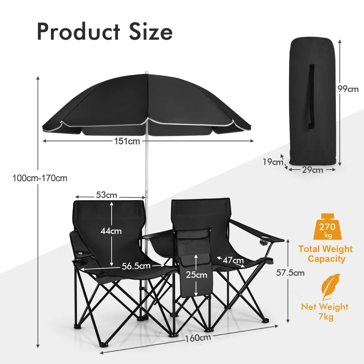 NNECW Folding Camping Loveseat  with Removable Umbrella & Cupholder for Picnic