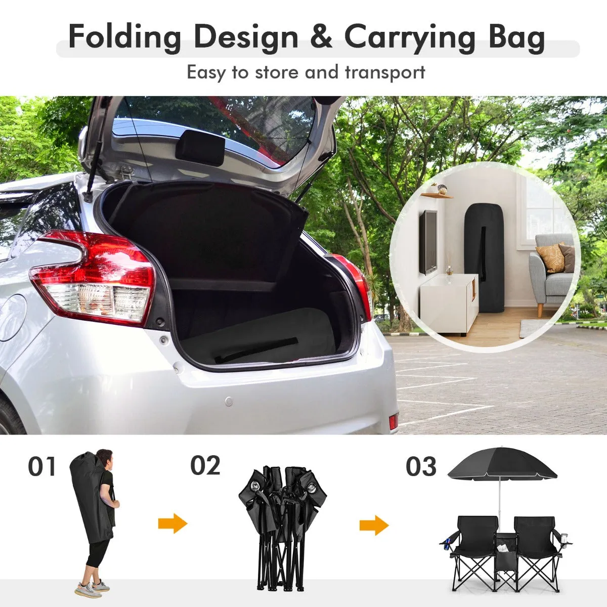 NNECW Folding Camping Loveseat  with Removable Umbrella & Cupholder for Picnic