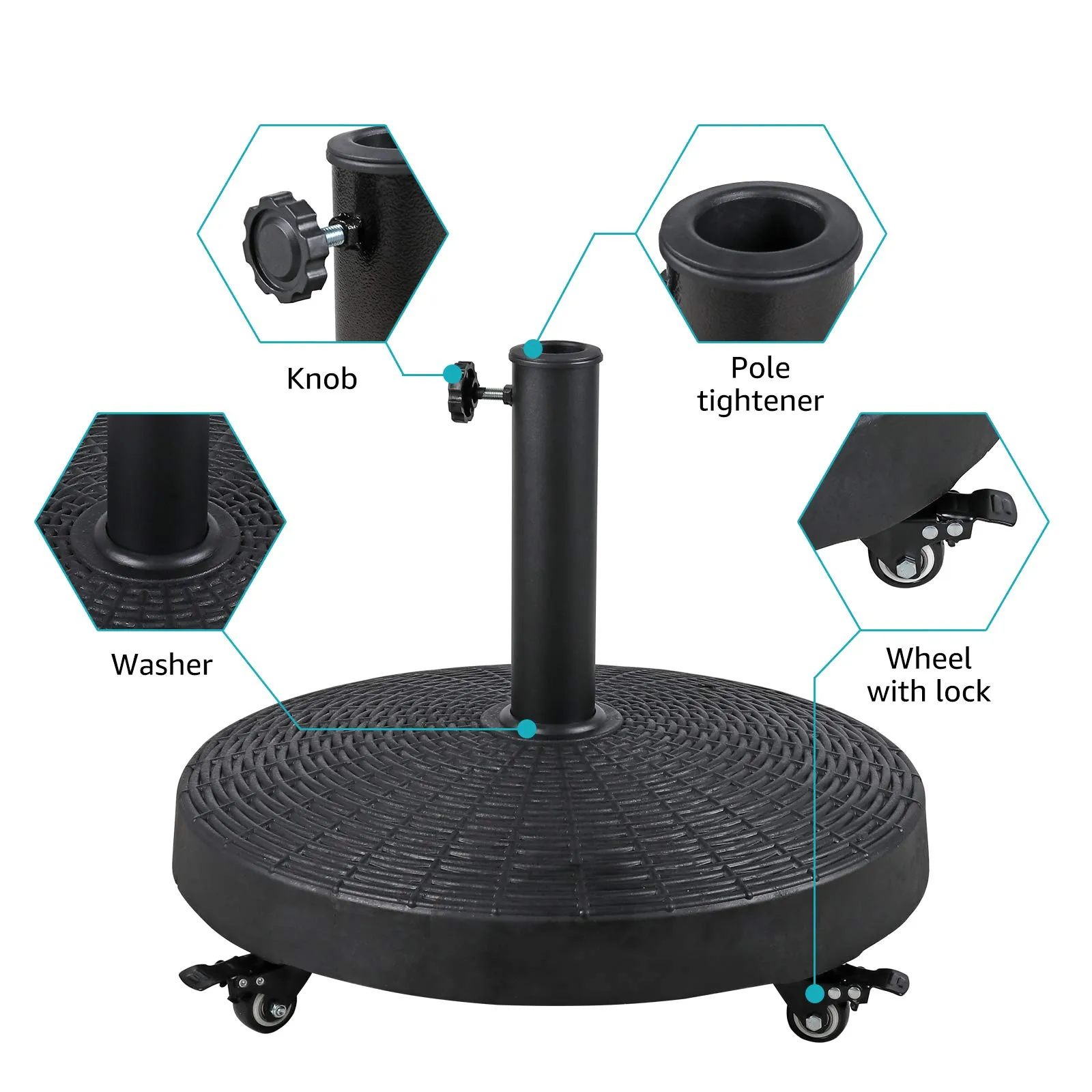 Patio Umbrella Base with Wheels, Heavy-Duty Stand Resin Weights for Outdoor Market Umbrella, 52lbs, Black/Bronze