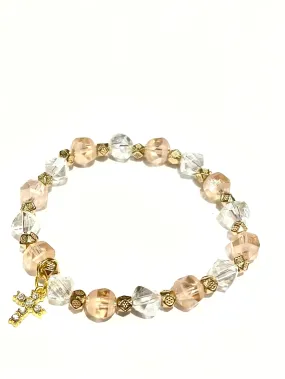 Peachy Pink Crystal Gold Cross Bracelet