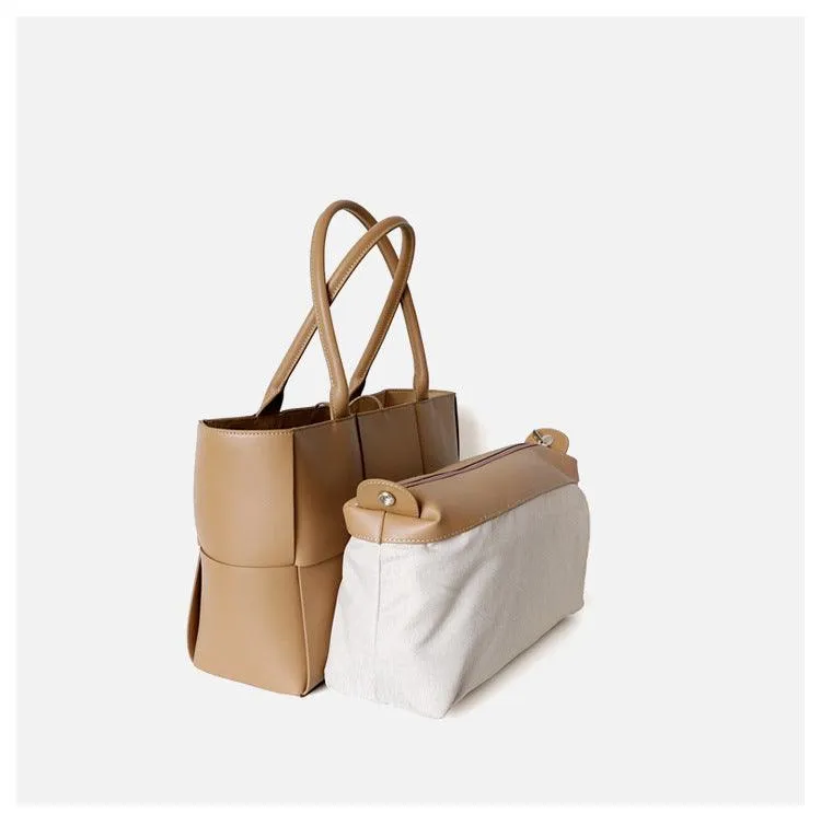 Quilted Large Leather Tote Bag, Minimalist Top Handle Bag, Elegant Convertible Shoulder Bag, Classic Style Soft Leather Work Bag