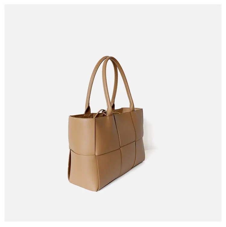 Quilted Large Leather Tote Bag, Minimalist Top Handle Bag, Elegant Convertible Shoulder Bag, Classic Style Soft Leather Work Bag
