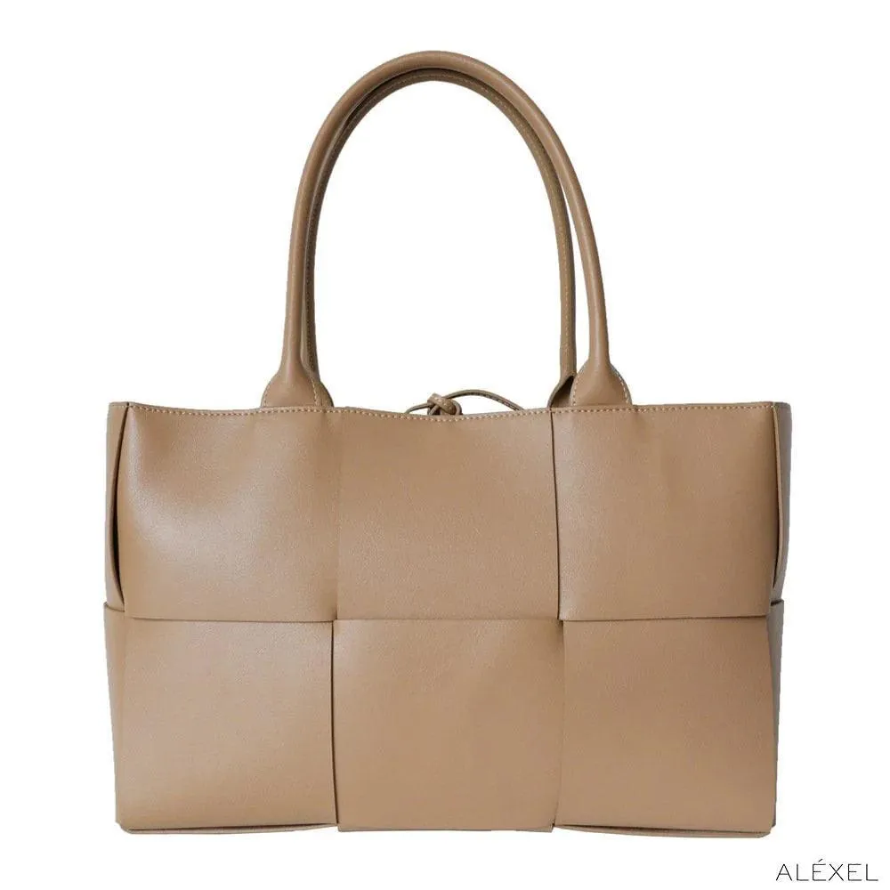 Quilted Large Leather Tote Bag, Minimalist Top Handle Bag, Elegant Convertible Shoulder Bag, Classic Style Soft Leather Work Bag