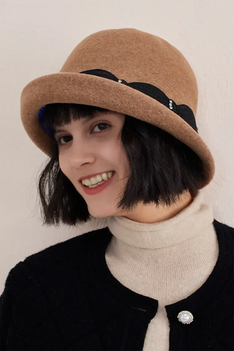 Retro Merino Wool Cloche Hat With Lace Trim