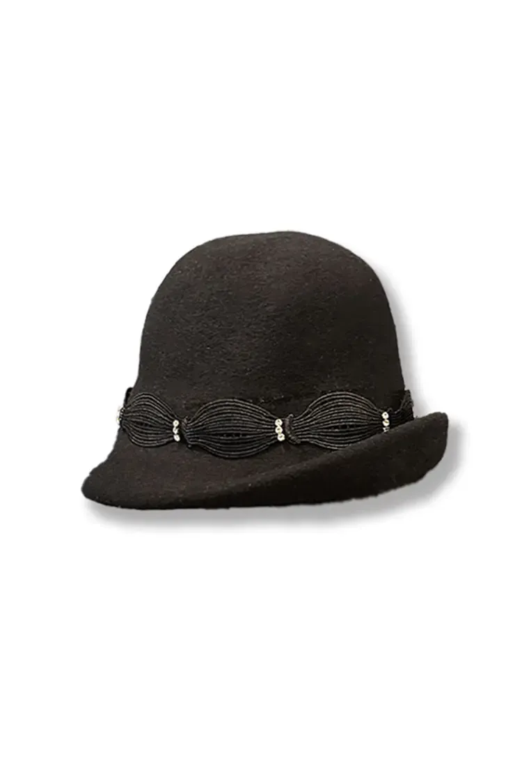 Retro Merino Wool Cloche Hat With Lace Trim