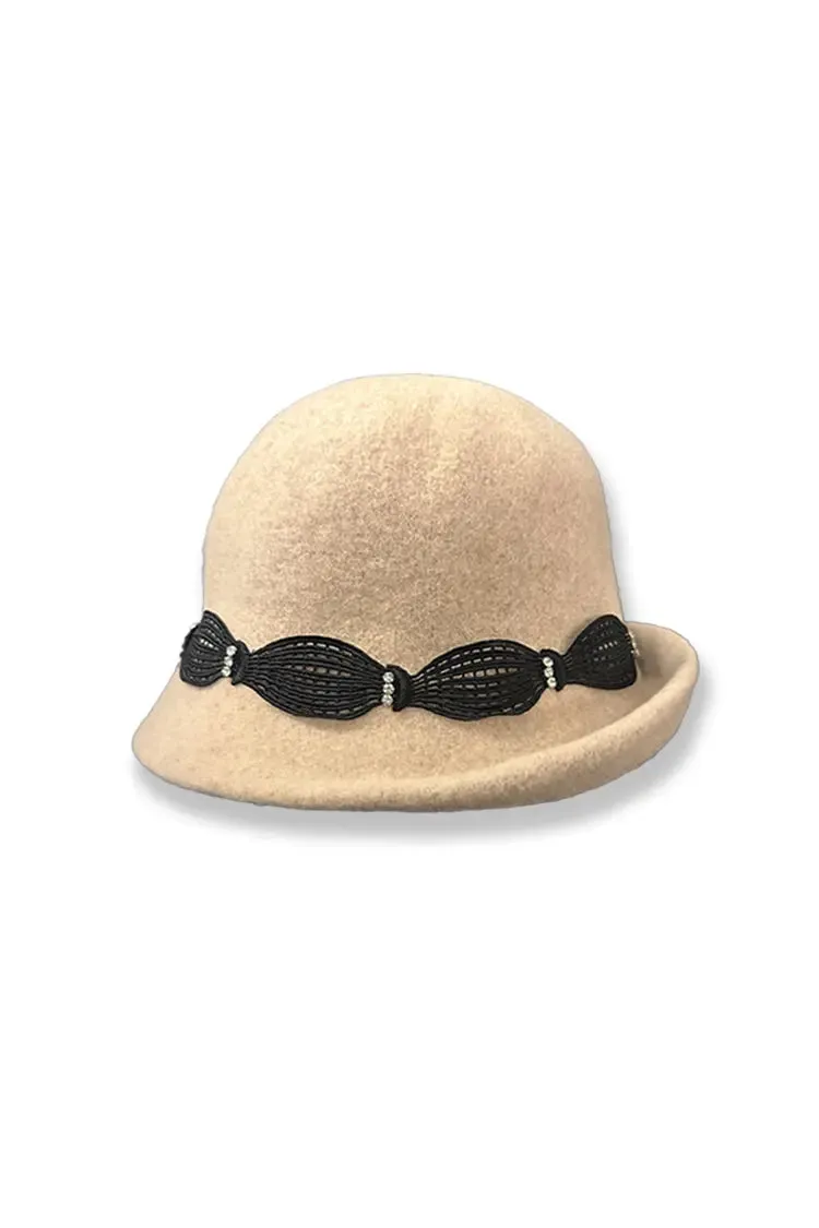 Retro Merino Wool Cloche Hat With Lace Trim