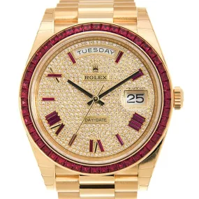 Rolex Day-Date 40 Diamond Pave W/ Red Sapphire Bezel Men's Watch 228398 DRRP