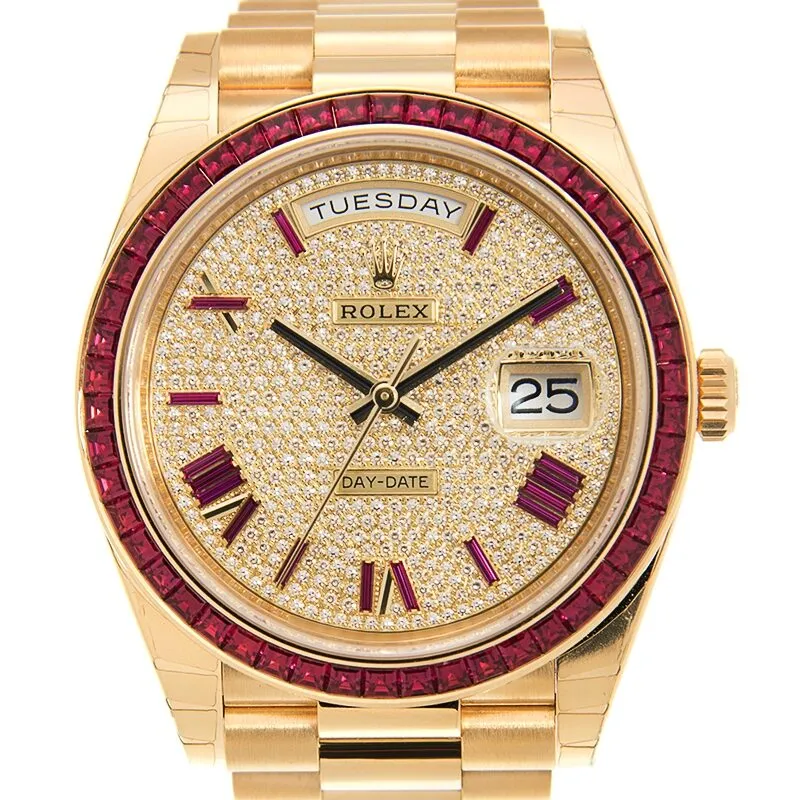 Rolex Day-Date 40 Diamond Pave W/ Red Sapphire Bezel Men's Watch 228398 DRRP