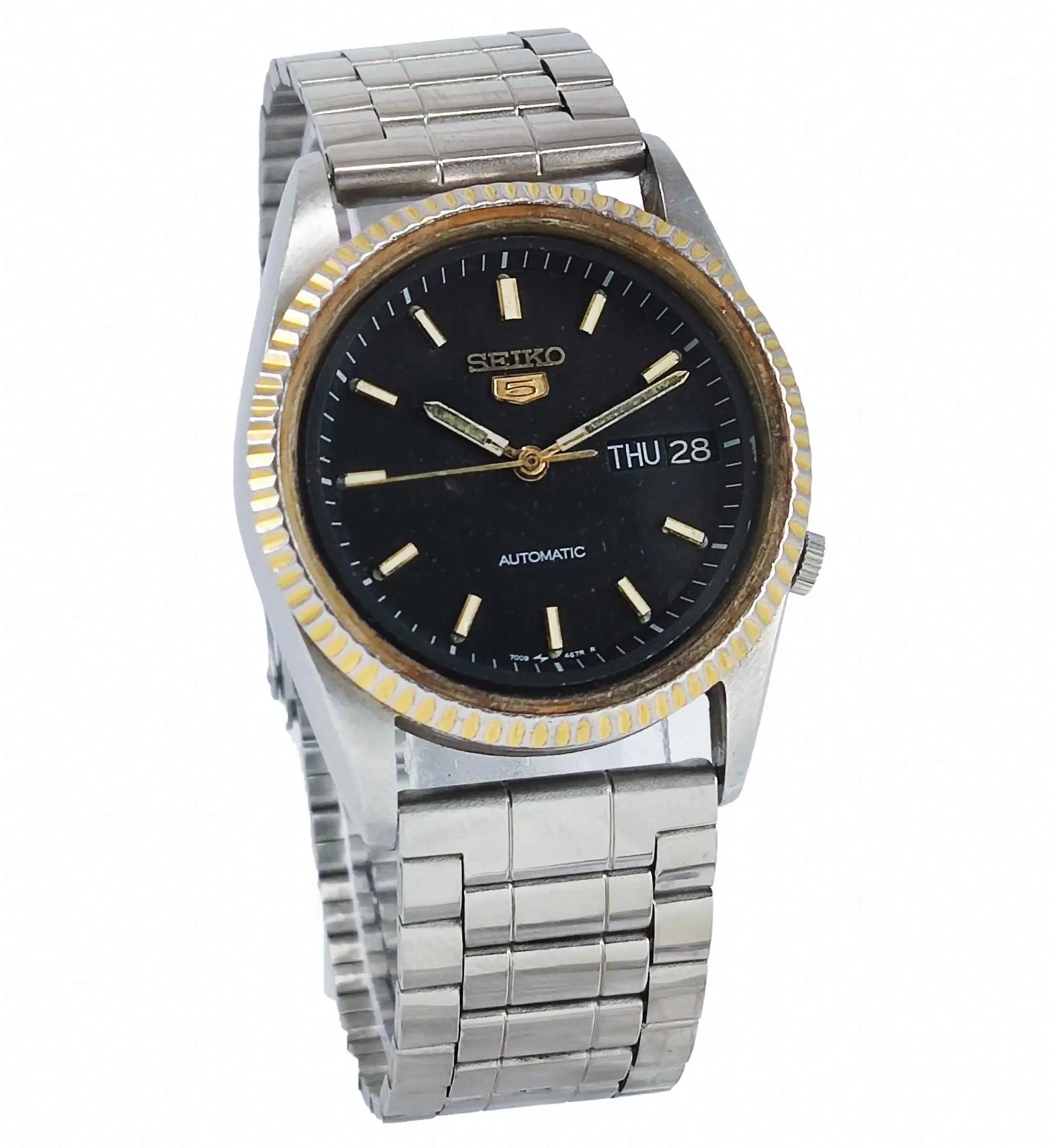 Seiko 5 Automatic 7009A Black Dial Golden Bezel Men's Watch
