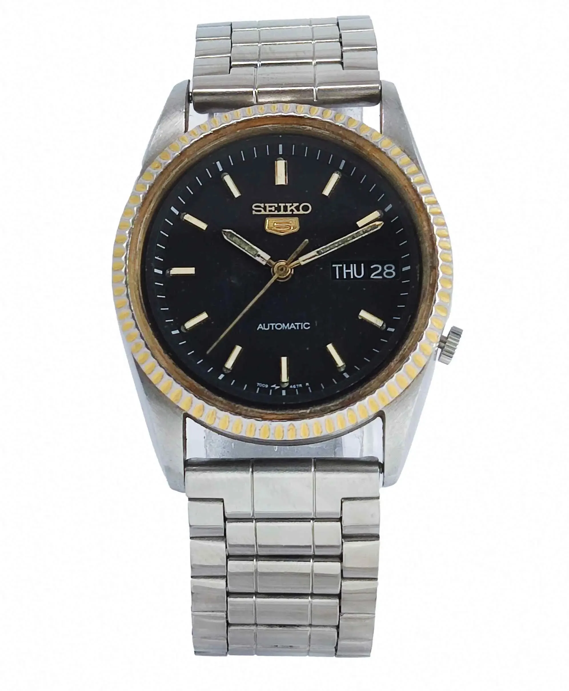 Seiko 5 Automatic 7009A Black Dial Golden Bezel Men's Watch