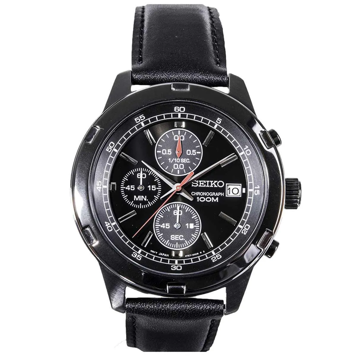 Seiko SKS439 Men's Sport Chronograph Black Dial Black Leather Strap Watch