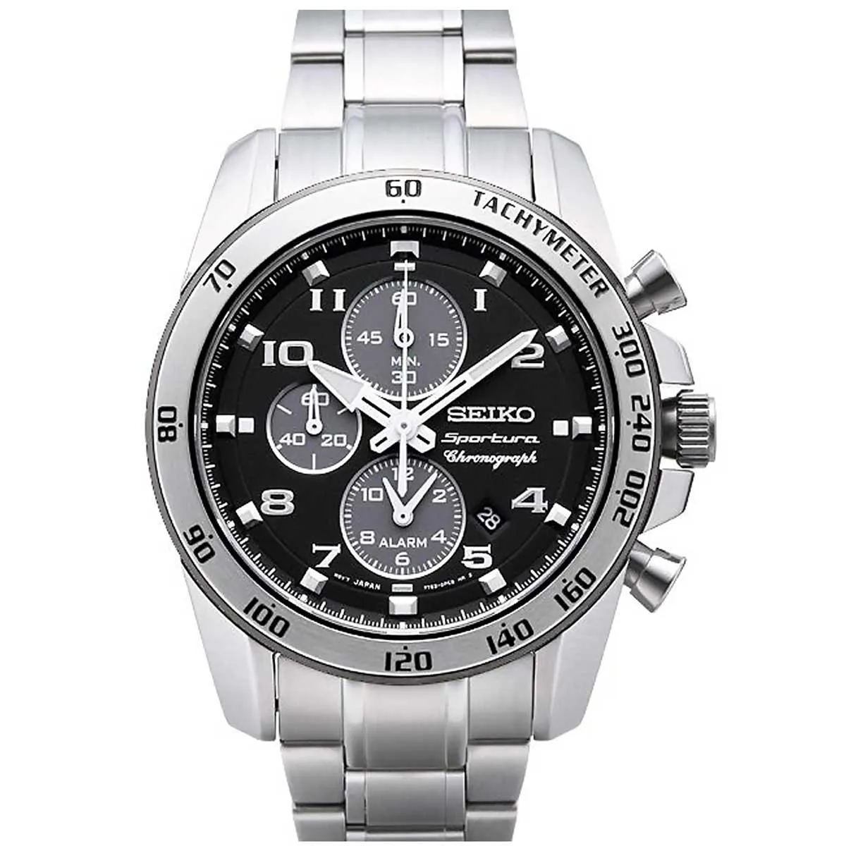 Seiko SNAE61P1 Men's Sportura Black Dial Steel Bracelet Chronograph Alarm Watch