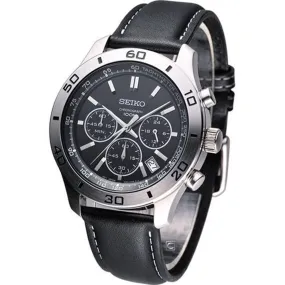 Seiko SSB049P2 Men's Black Dial Chronograph Black Leather Strap Dual Time Watch