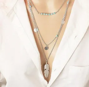 Silver Turquoise Beaded & Circle Feather 3Tier Multilayer Necklace