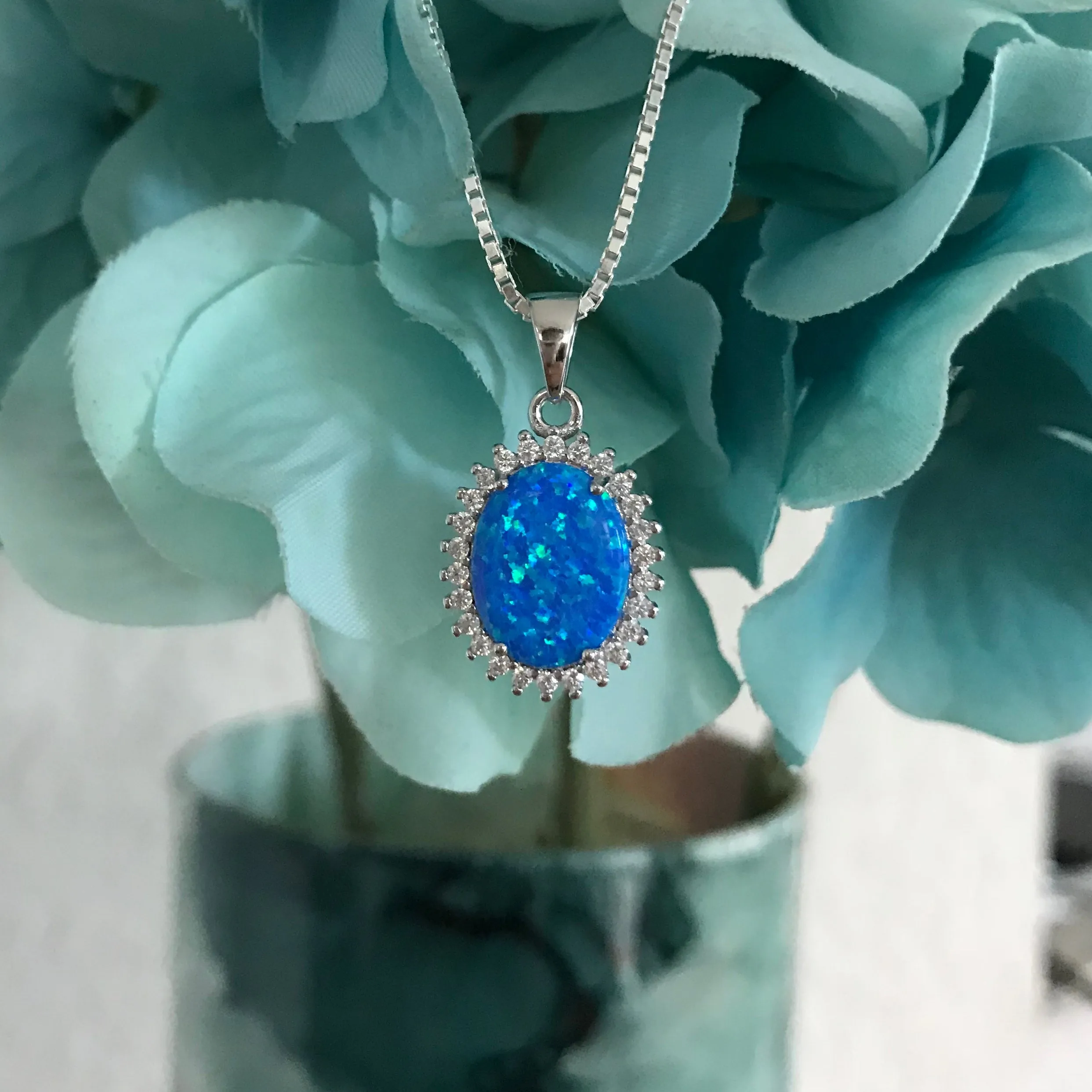 Sterling Silver Blue Lab Opal and Clear CZ Necklace, Silver Necklaces, October Birthstone