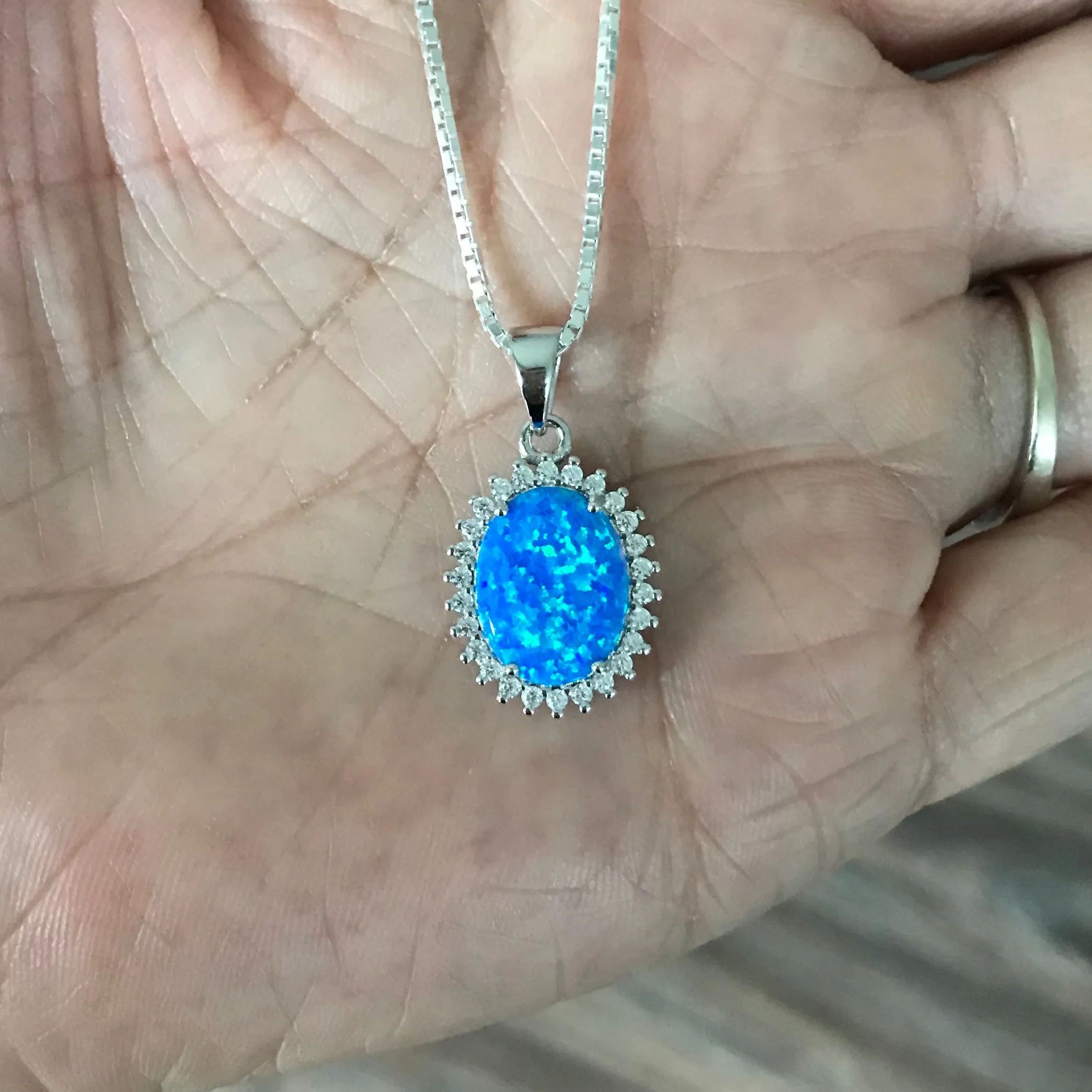 Sterling Silver Blue Lab Opal and Clear CZ Necklace, Silver Necklaces, October Birthstone