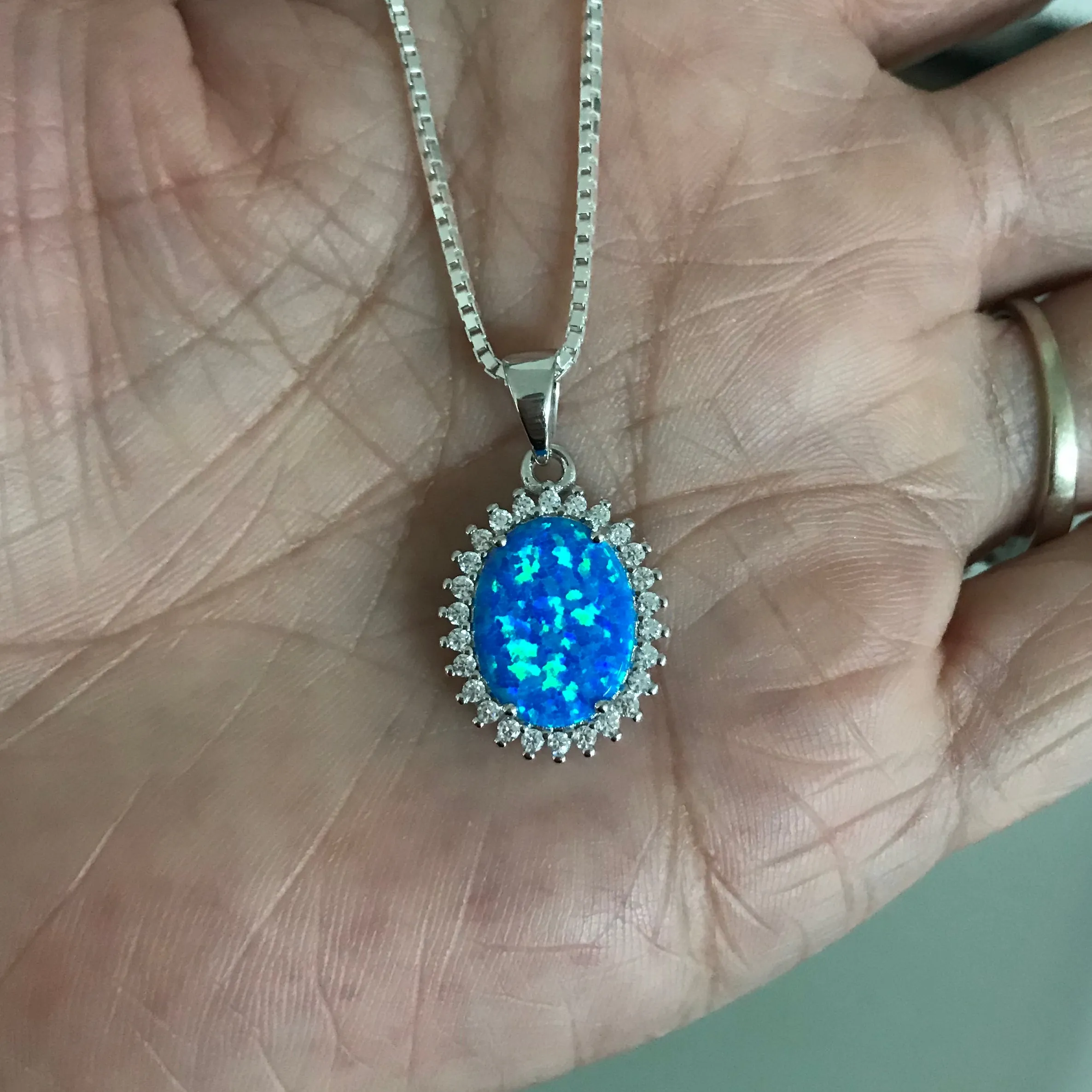 Sterling Silver Blue Lab Opal and Clear CZ Necklace, Silver Necklaces, October Birthstone