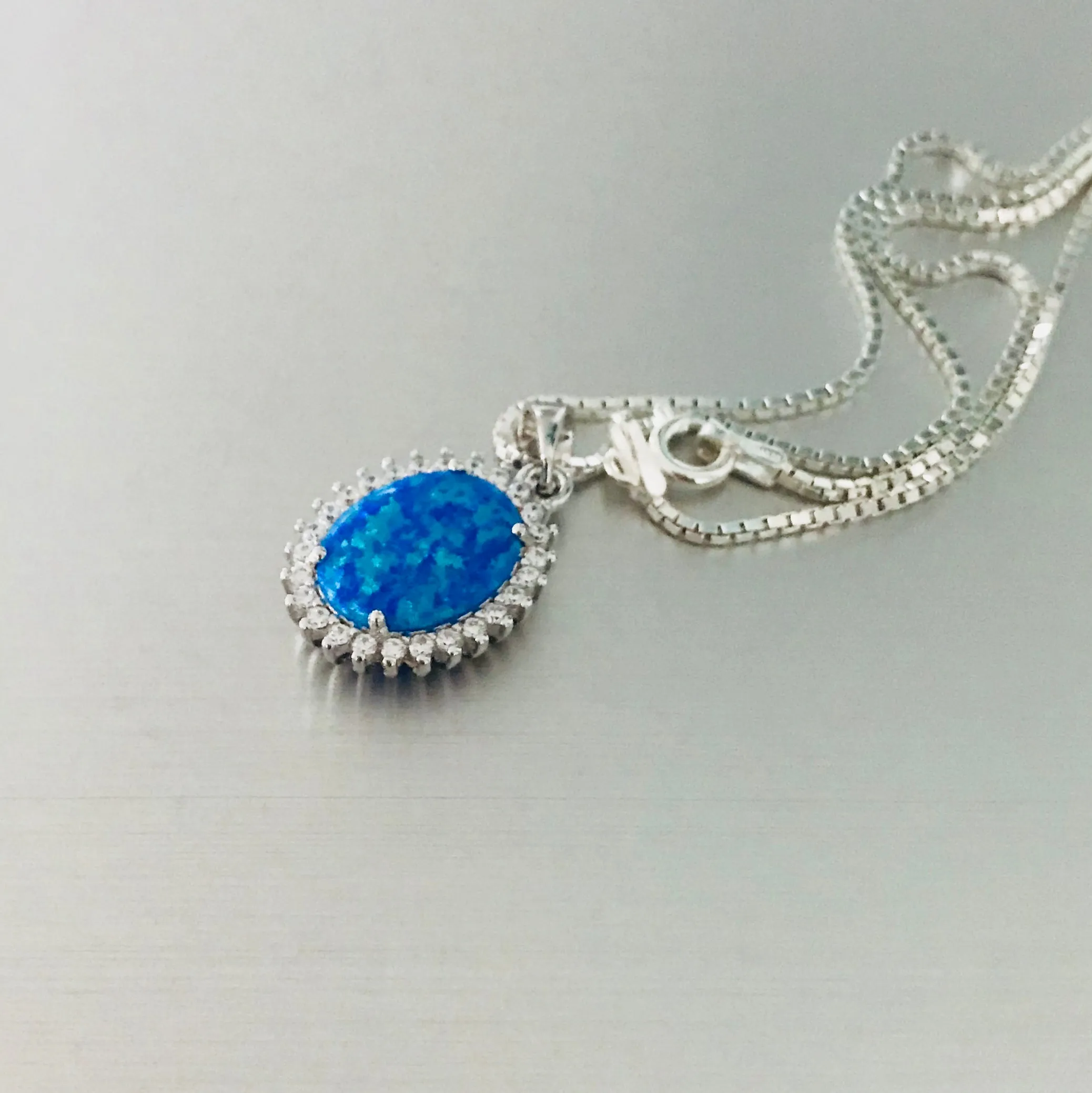 Sterling Silver Blue Lab Opal and Clear CZ Necklace, Silver Necklaces, October Birthstone