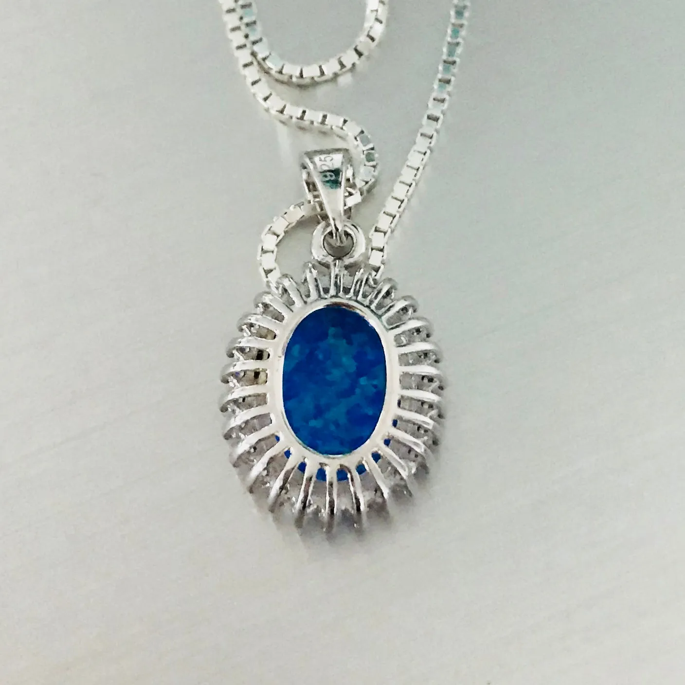 Sterling Silver Blue Lab Opal and Clear CZ Necklace, Silver Necklaces, October Birthstone