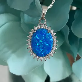 Sterling Silver Blue Lab Opal and Clear CZ Necklace, Silver Necklaces, October Birthstone