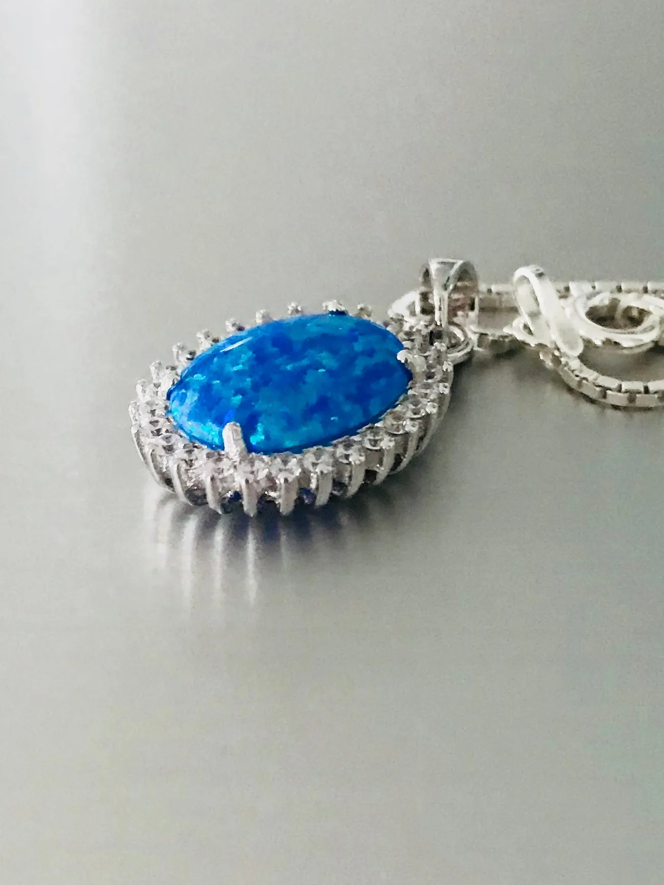 Sterling Silver Blue Lab Opal and Clear CZ Necklace, Silver Necklaces, October Birthstone