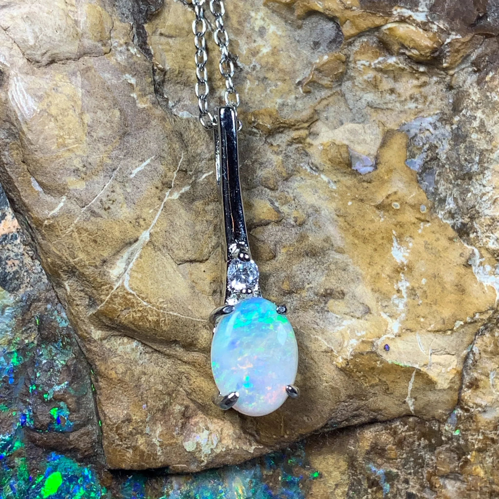 Sterling Silver drop pendant 8x6mm White Opal Necklace