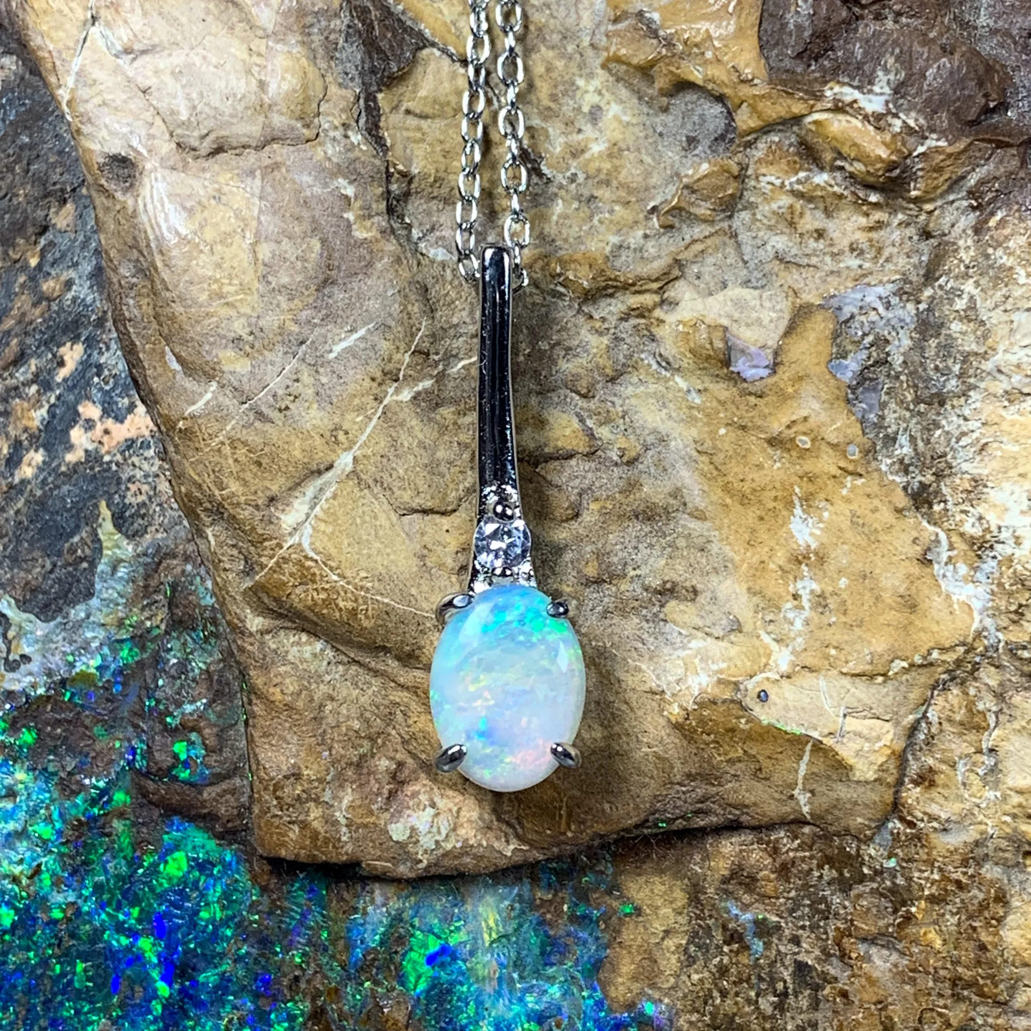 Sterling Silver drop pendant 8x6mm White Opal Necklace