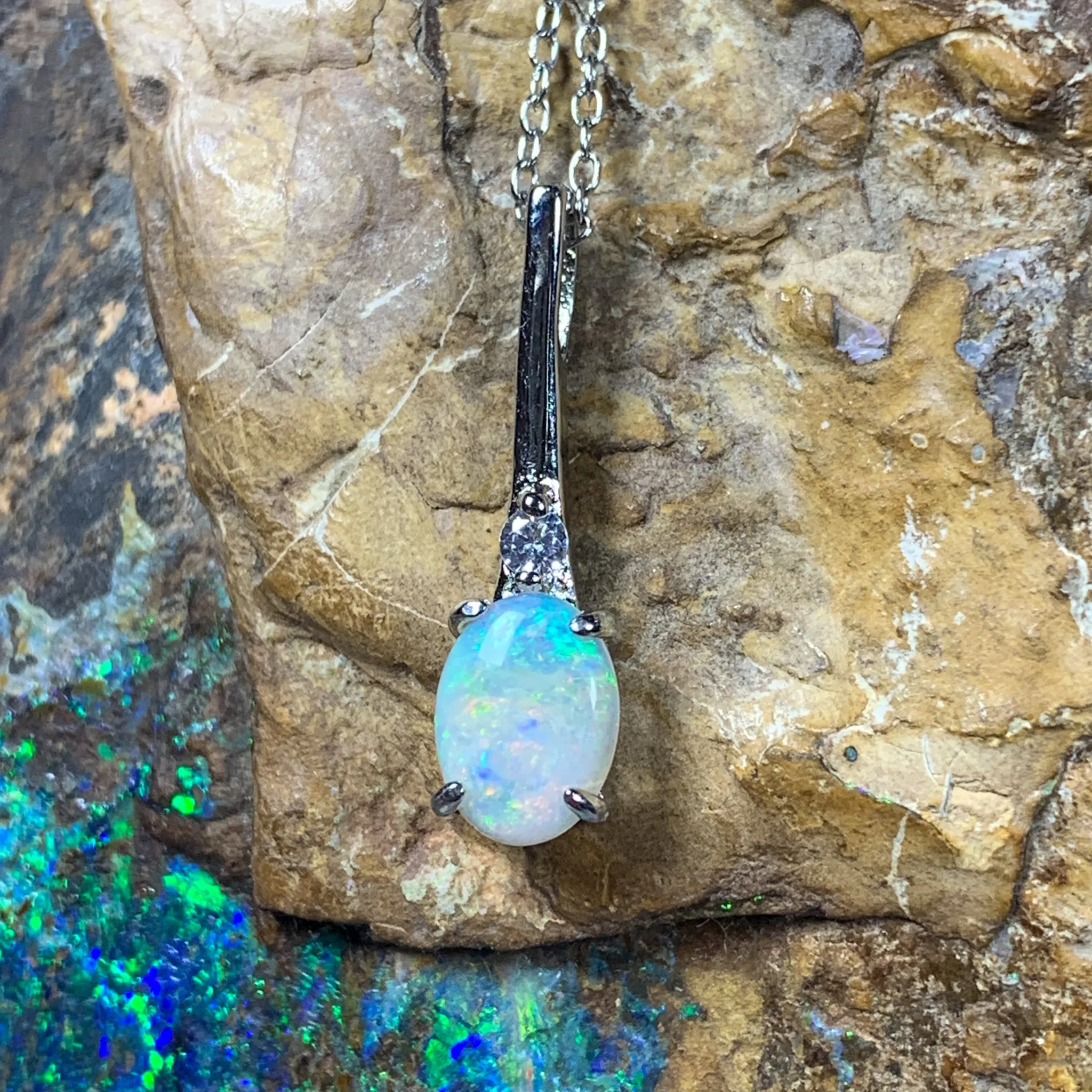 Sterling Silver drop pendant 8x6mm White Opal Necklace