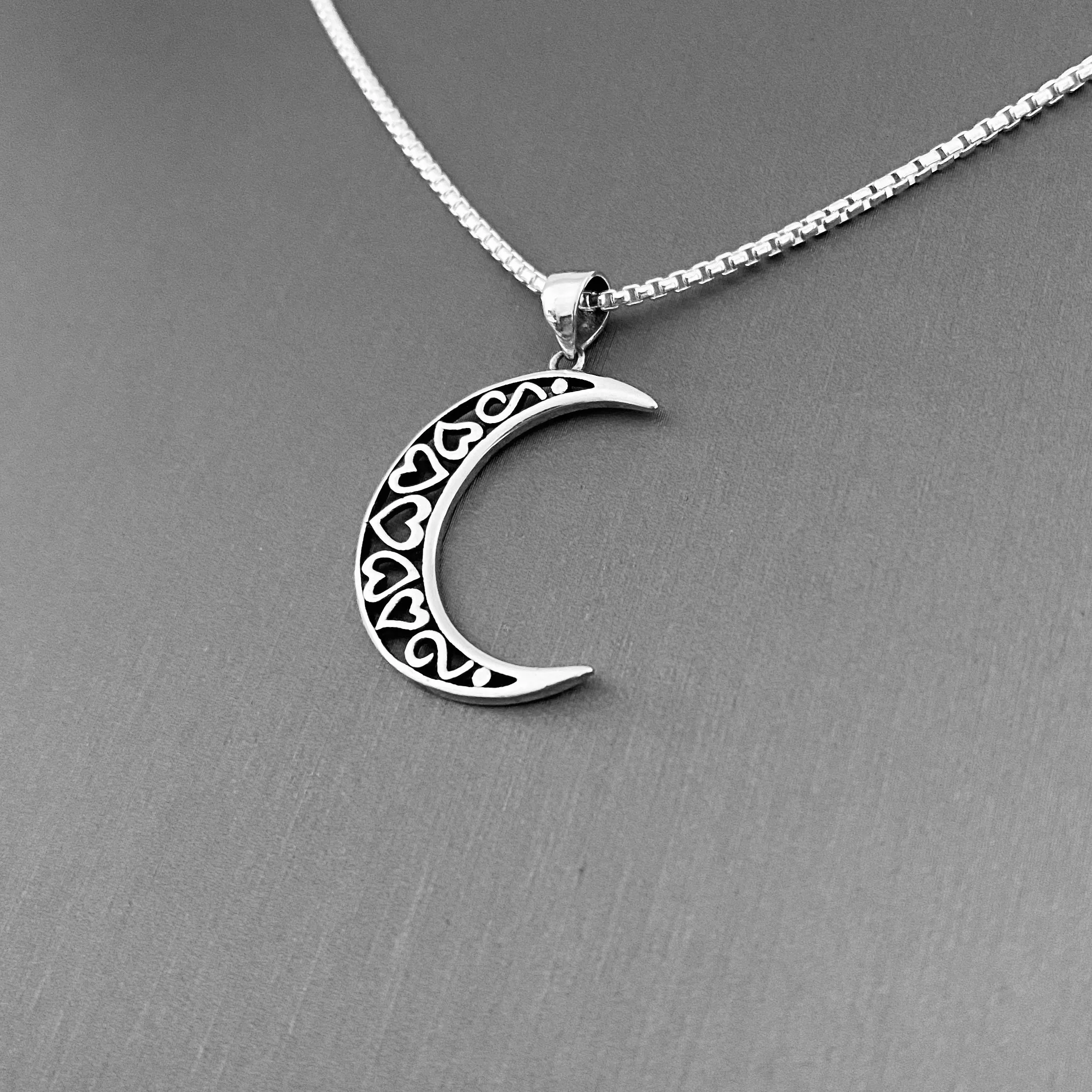 Sterling Silver Large Crescent Moon Necklace, Moon Necklace, Celestial Necklace, Heart Necklace