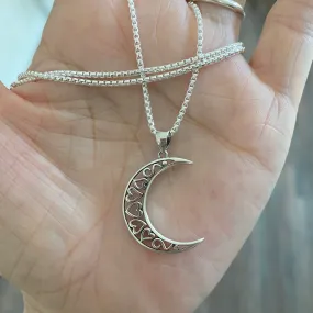 Sterling Silver Large Crescent Moon Necklace, Moon Necklace, Celestial Necklace, Heart Necklace