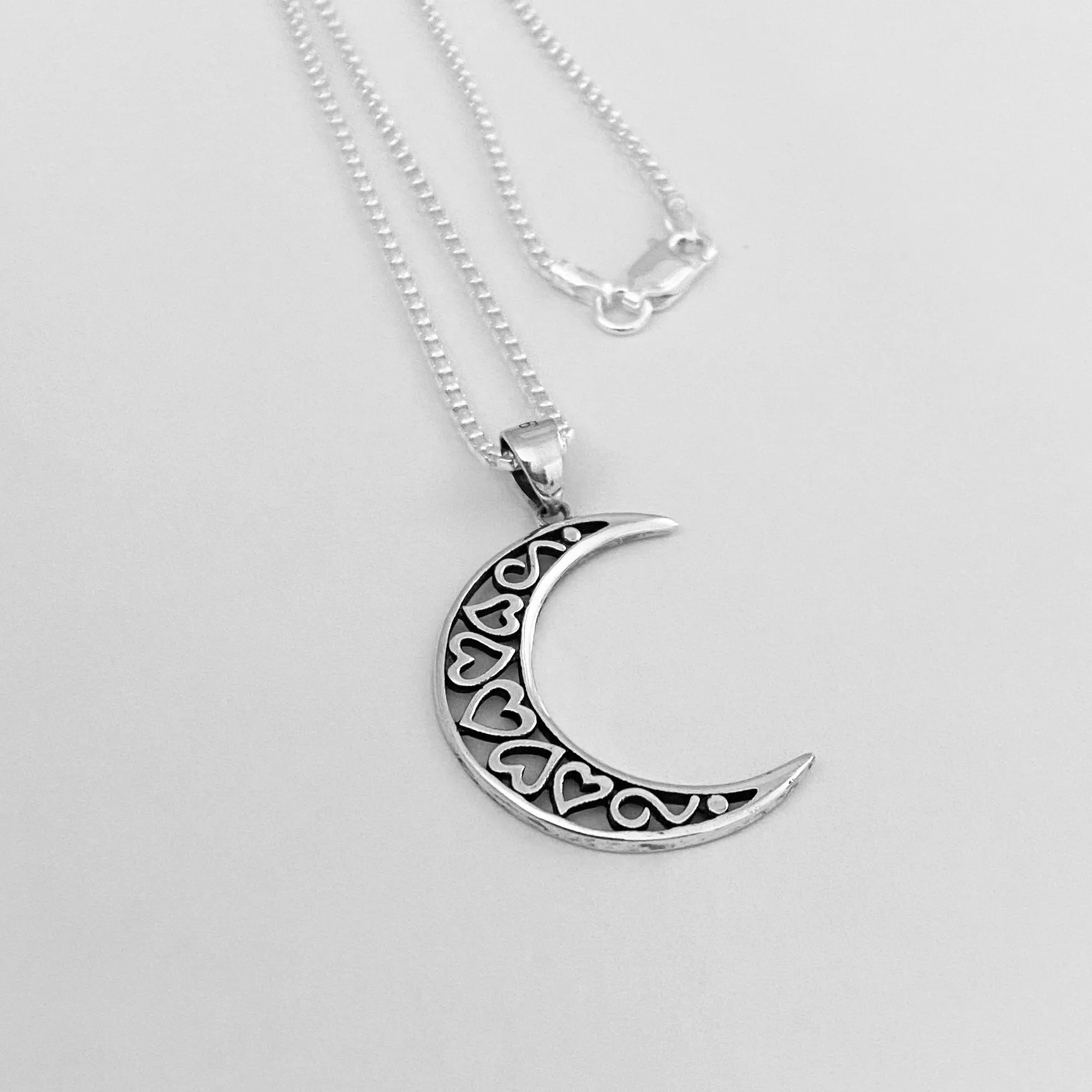 Sterling Silver Large Crescent Moon Necklace, Moon Necklace, Celestial Necklace, Heart Necklace