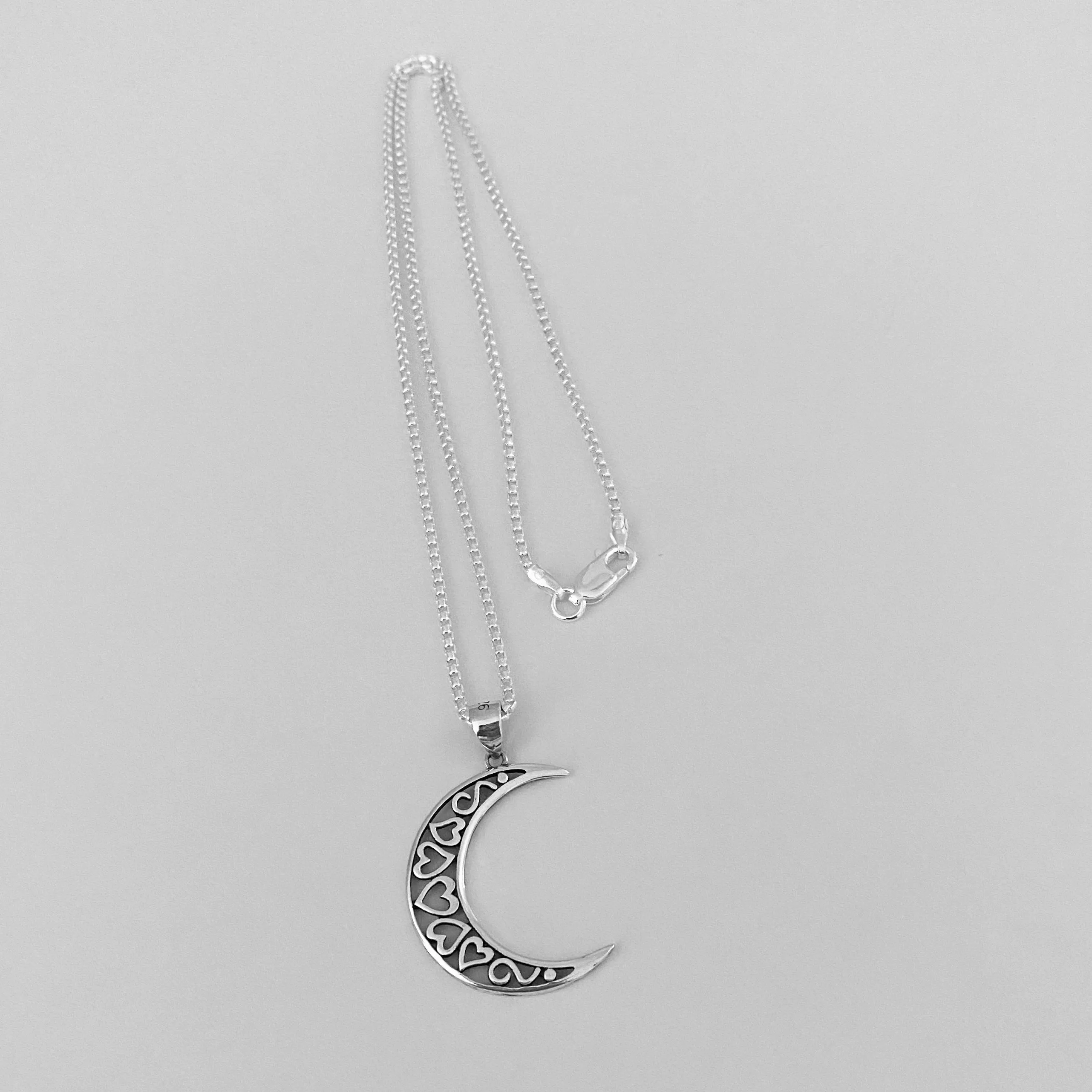 Sterling Silver Large Crescent Moon Necklace, Moon Necklace, Celestial Necklace, Heart Necklace